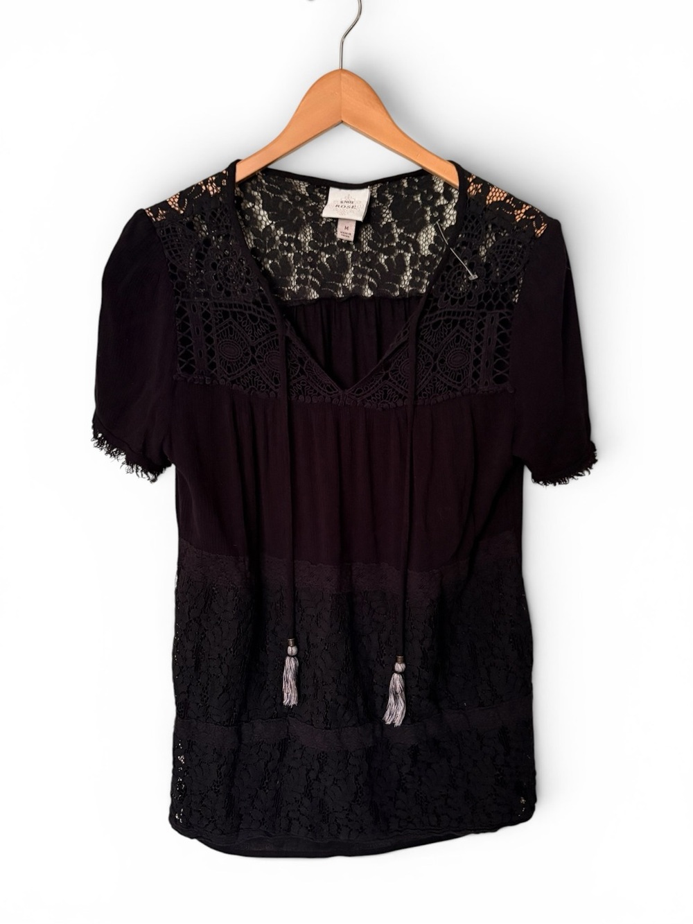 Knox Rose Black Lace Tie-Front Flowy Tunic Top M Festival Cottage Boho Summer